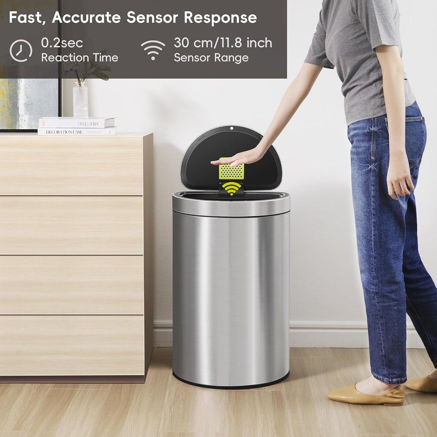 EKO Mirage Semi-Round Motion Sensor Trash Can, 47 Liter / 12.4 Gallon Automatic Large Kitchen Trash Can with Deodorizer Compartment, Removable Lid and Bucket, Matte Stainless Steel