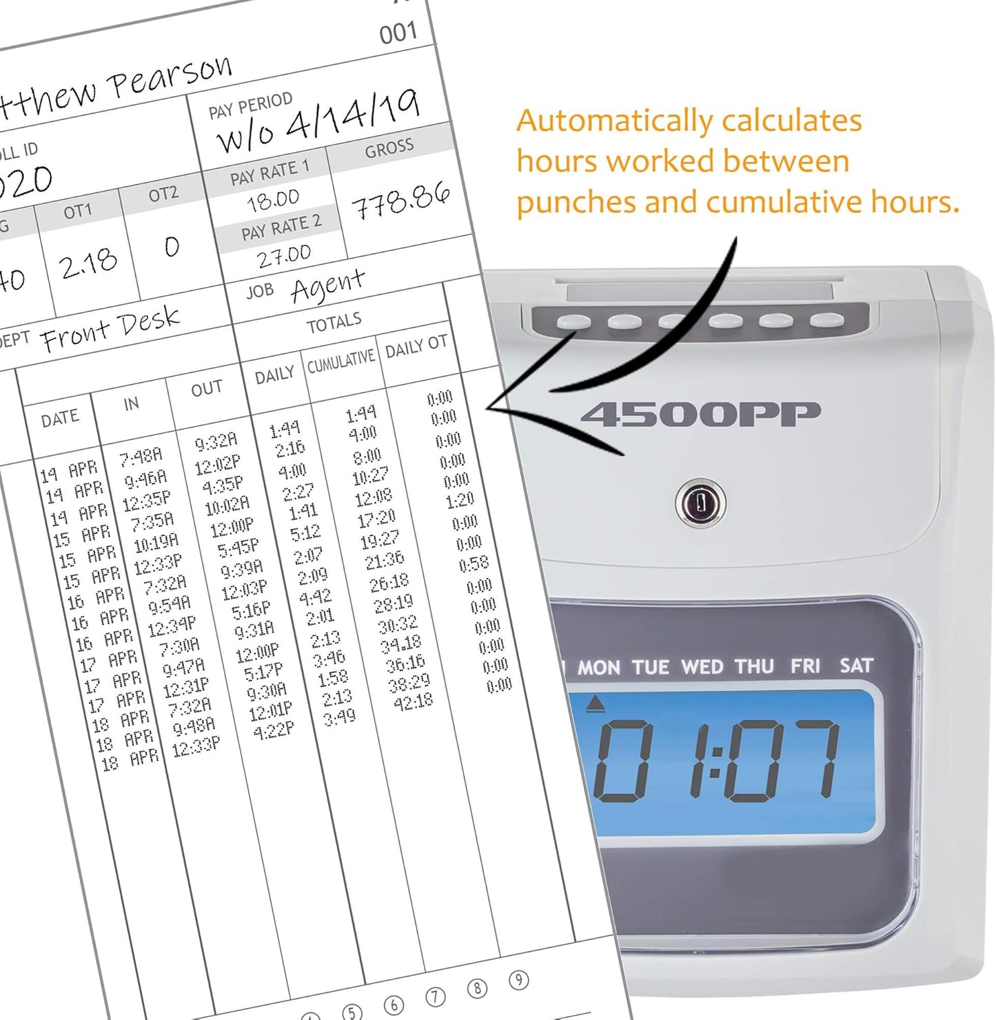 Nile Products - 4500PP Electronic Calculating Time Clock, Employees in/Out Time Tracker, Small Business Punch Pack Bundle Includes: 25 Time Cards,1 Ink Ribbon and 2 Security Keys