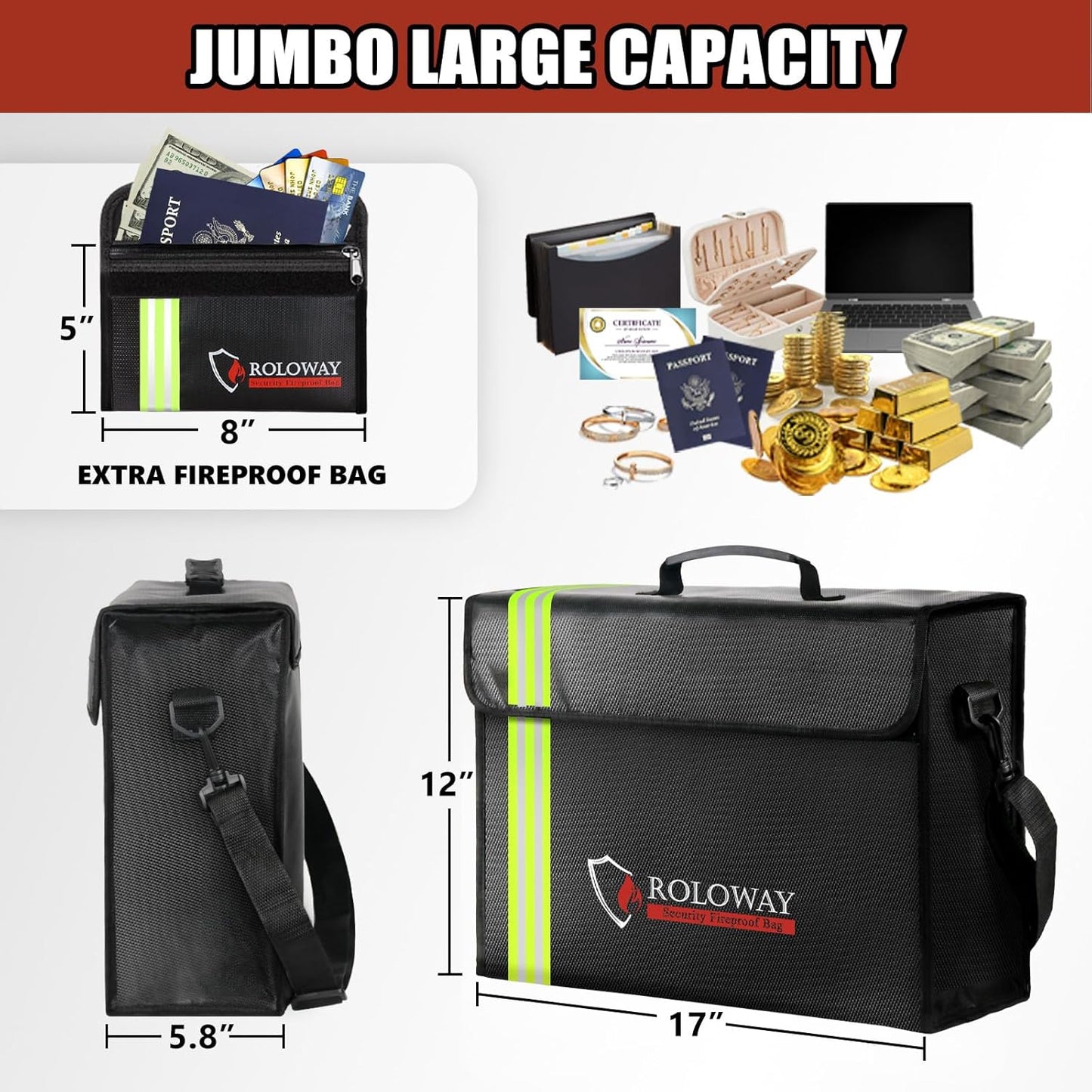 ROLOWAY Large Fireproof Bag 5200°F Heat Insulated (17 x 12 x 5.8 inches) with Reflective Strip, Fireproof Document Bag with Fireproof Money Bag for Cash Safe, Fireproof Safe Bag for Document Safe