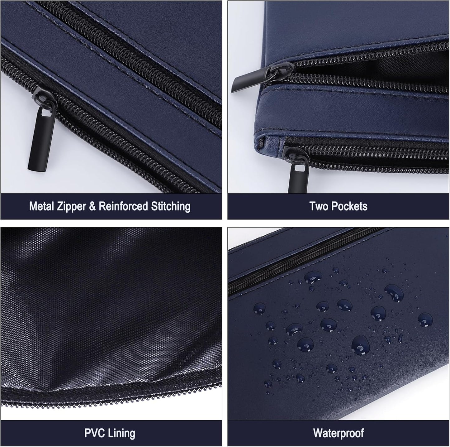 HAUTOCO 2 Pack Money Bag with Zipper 11x6.1 inch Money Pouch with Lined PU Leather Bank Bag Two Pockets Utility Wallet for Cash Check Receipt Coins Cosmetics, Dark Blue