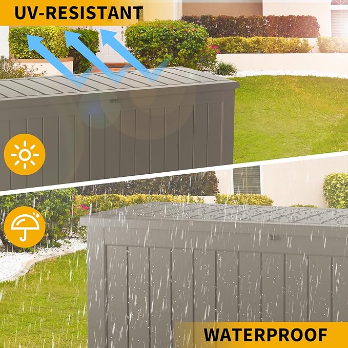 100 Gallon Resin Deck Box, Waterproof Outdoor Storage Bin for Patio Furniture, Pool Accessories, and Garden Tools, Lockable & UV-Resistant, Grey