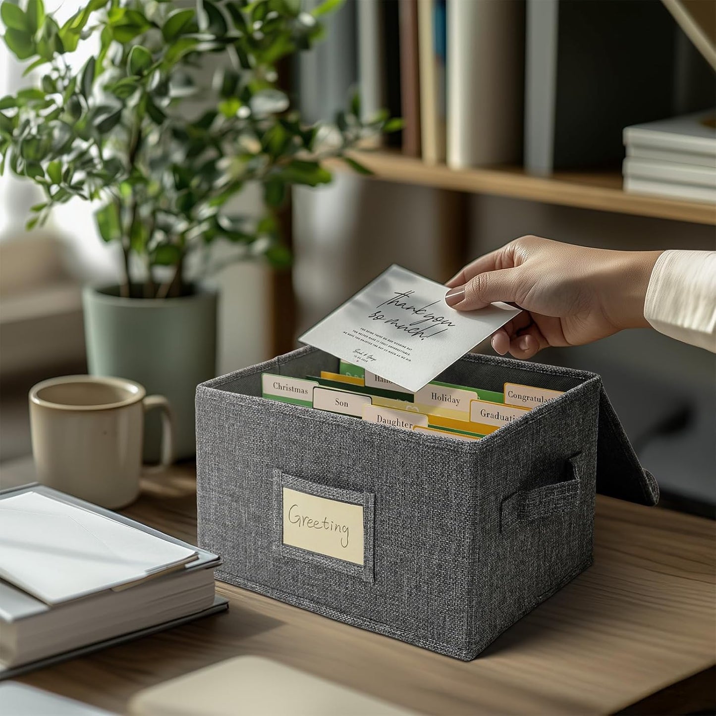 Vienrose Greeting Card Organizer Storage Box with 20 Removable Dividers, 84 Self-stick Labels, Perfect for Photos, Envelopes, Scrapbooking, Paper, Stickers Holder 1 Pack Grey