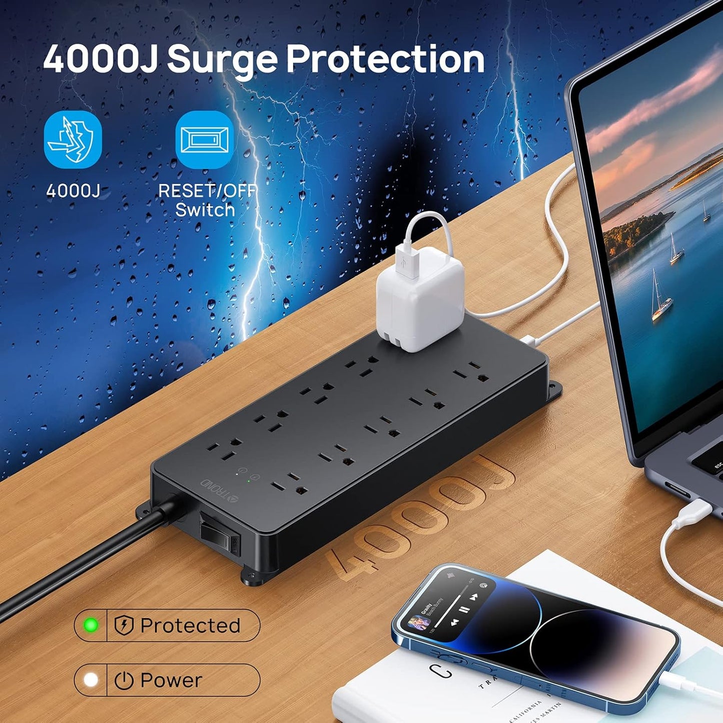 TROND Power Strip Surge Protector, Flat Plug 15ft Long Extension Cord, 10 Widely Spaced AC Outlets, 2 USB A & 2 USB C Ports, 4000J, ETL Listed, Wall Mountable, for Home Office Entertainment, Black
