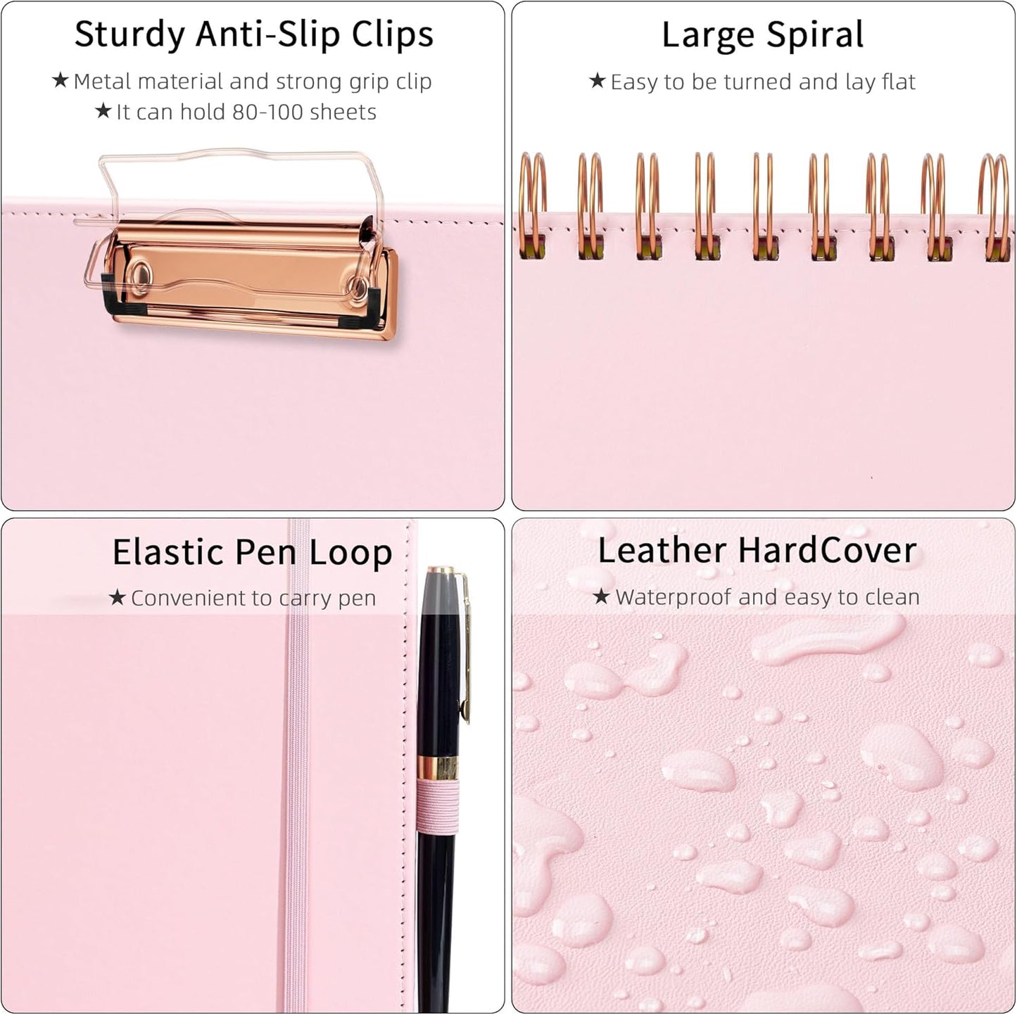 Ospelelf Leather Clipboard Folio with Notepad for Letter Size, Spiral Clipboard Folder with Storage Zipper Pouch, 5 Folders with 10 Pockets, 39 Divider Label Stickers, Pen Loop Series (Pink)