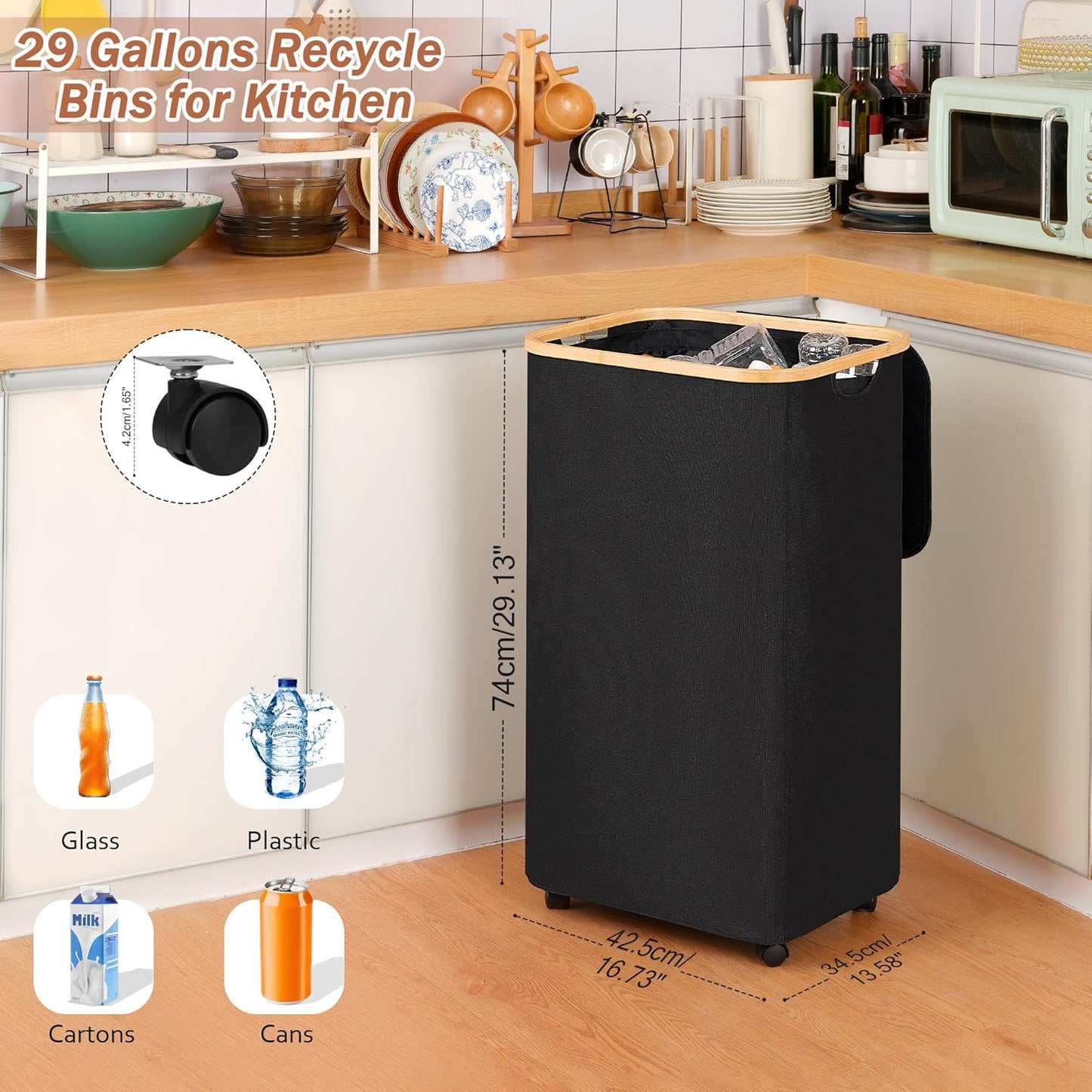 Recycling Bin for Kitchen, Indoor Home Recycle Bins with Wheel, 29 Gallons Large Recycling bin with 2 Removeable Reusable Inner Bags, for Bottles Cans Glass Plastice Cartons(Black)