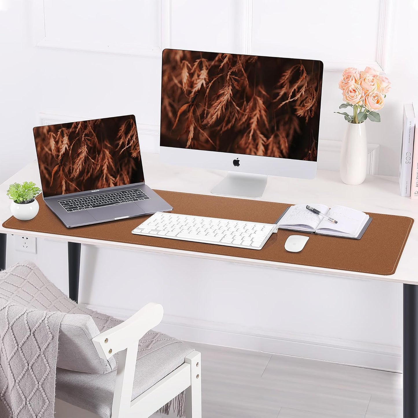 Leather Desk pad Protector, Large Desk mat with Natural Cork & PU Leather,Mouse pad,Non-Slip Office Desk Mat,Waterproof Desk Writing Pad for Office and Home (47in*17in, Brown)