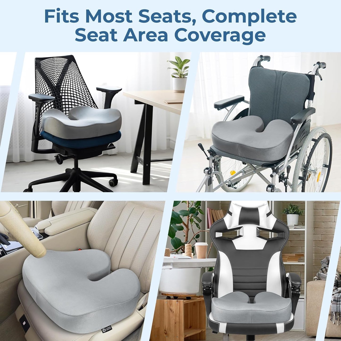 5 STARS UNITED Seat Cushion for Tailbone Pain Relief – Large Memory Foam Lifting Pillow for Coccyx, Hip, Sciatica & Post-Surgery Recovery – Wheelchair, Car, Desk, Gaming & Office Chairs, Light Gray