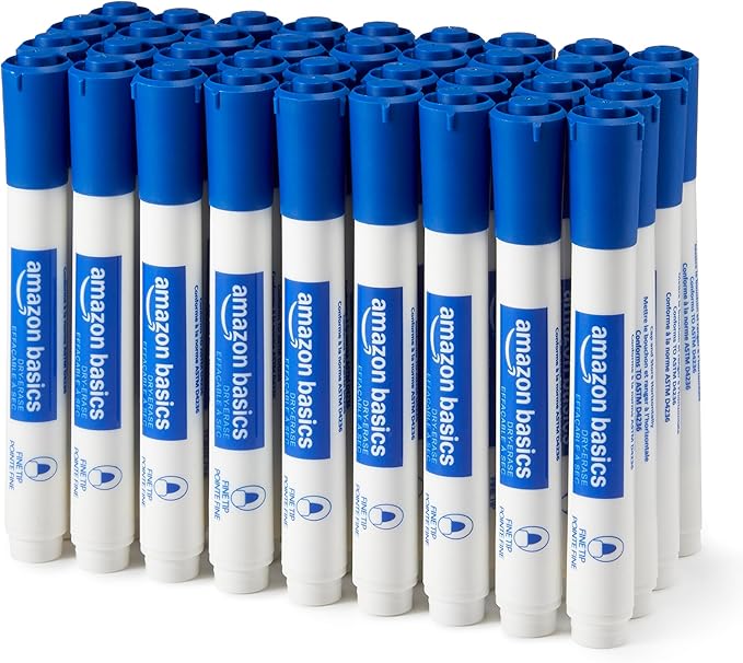 Amazon Basics Low-Odor Dry Erase Whiteboard Markers, Fine Tip, Blue, 36 Count