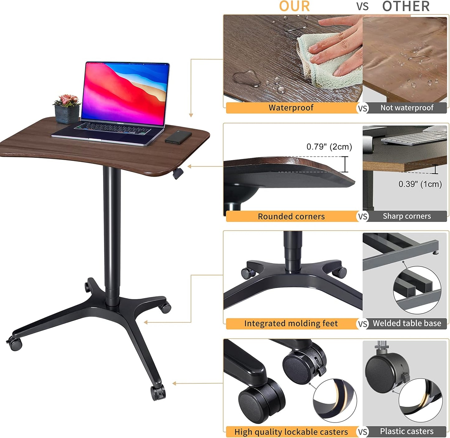 Pneumatic Adjustable Height Desk, Laptop Standing Desk, Rolling Sit-Stand Cart, Mobile Podium Portable Lectern for Home, Office& Classroom, 26" 19.3" Platform (29" to 46.9" H)，Brown