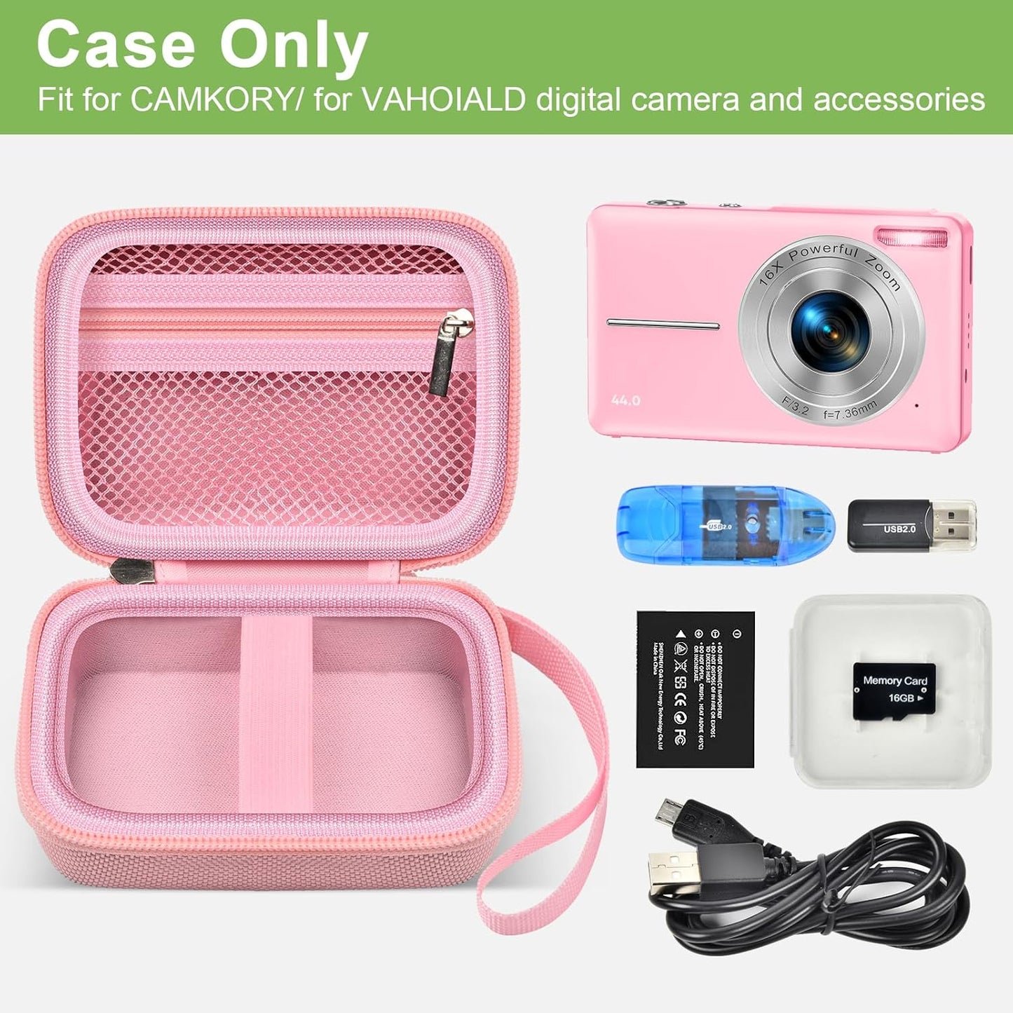 Digital Camera Case Compatible with VAHOIALD FHD 1080P/ for CAMKORY Digital Point and Shoot/for KODAK PIXPRO FZ45-BK 16MP Vlogging/for IWEUKJLO/for Nsoela, Holder for SD Card More- Pink (Box Only)