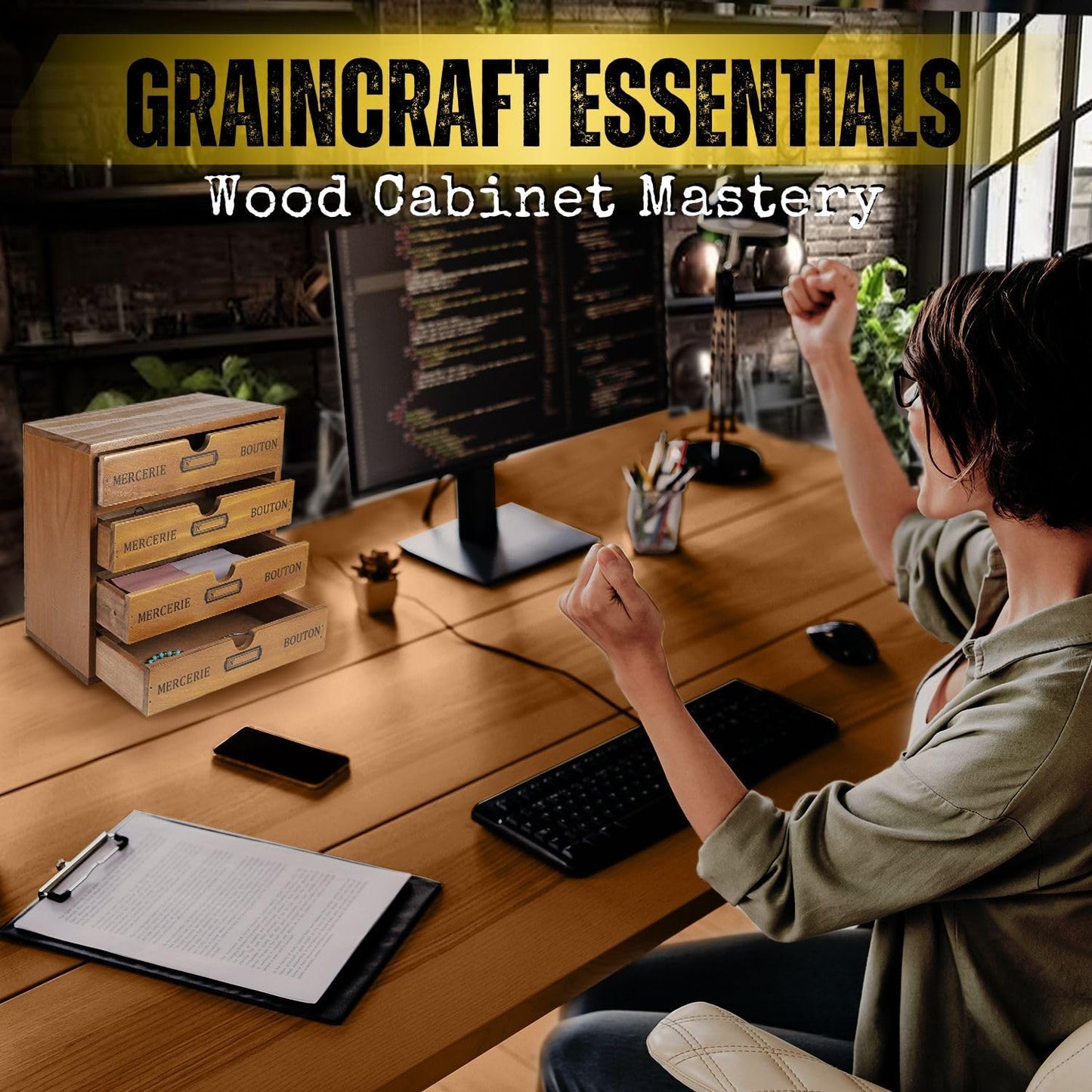 Flexzion Desktop Storage Box with Drawers - Wooden 4 Drawer Organizer Card Catalog Cabinet, No Assembly Required, Pine Wood Vintage Tabletop for Home and Office Accessories