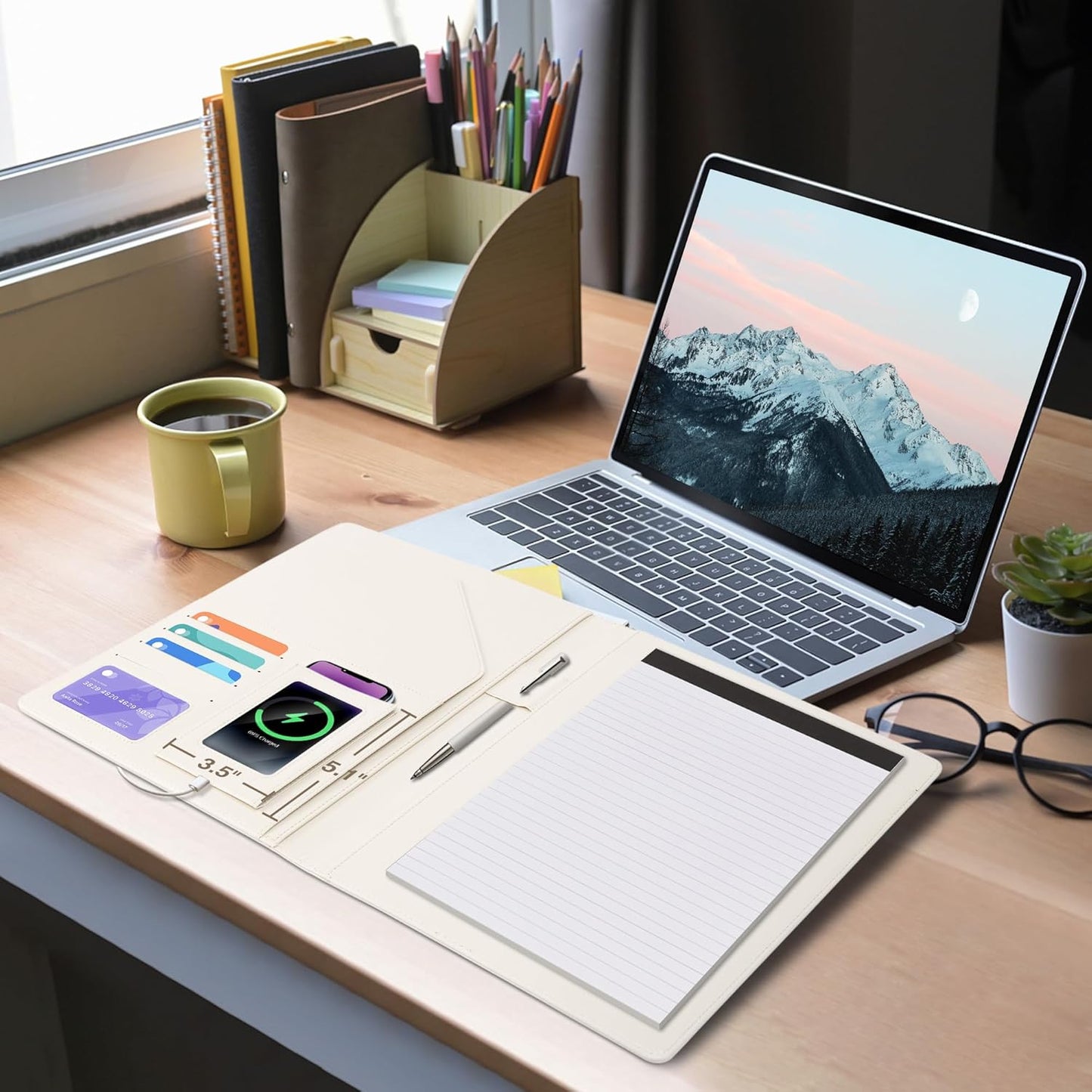 Ospelelf Foldable Clipboard Padfolio with Notepad 8.5 x 11, Faux Leather Business Clipboard Folio for Women Portfolio Organizer, Beige