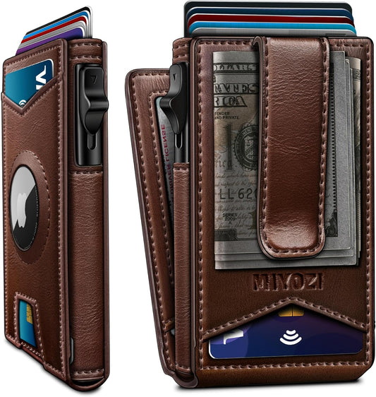 Airtag Wallet for Men,with Money Clip Gift Boxed,Slim Front Pocket Wallet RFID Blocking Metal Case Smart Pop-up Credit Card Holder in Magnetic Leather Flip