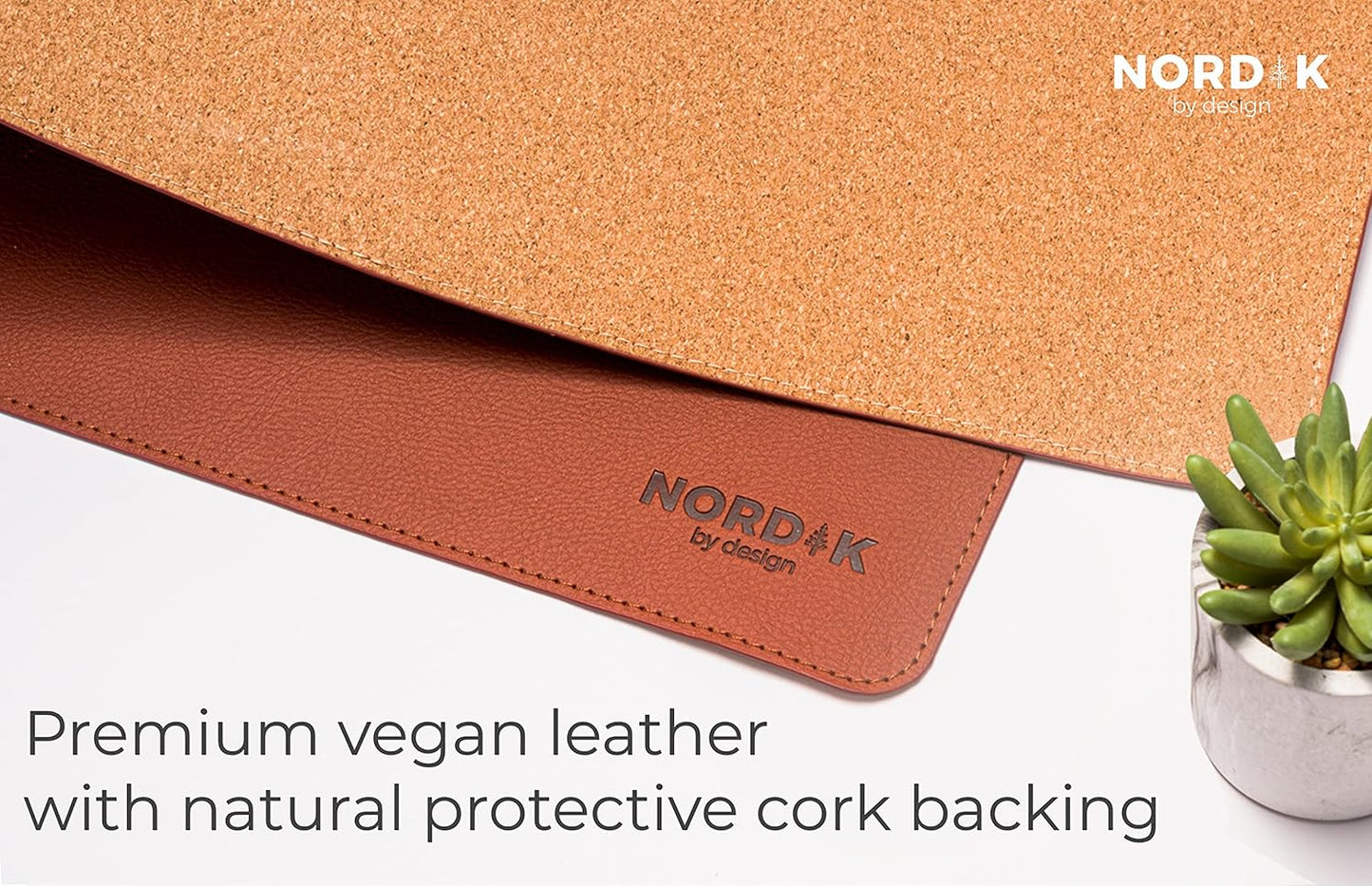 Nordik Cork Leather Desk Mat Cable Organizer - Saddle Brown 35 X 17 inch - Premium Extended Mouse Mat for Home Office Accessories - Non-Slip Vegan Leather Desk Pad Protector & Desk Blotter Pad
