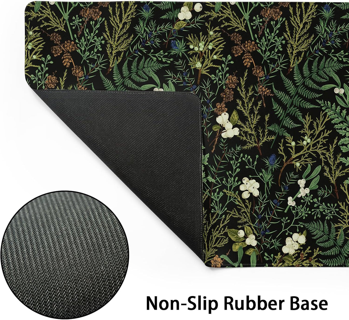 Black Aesthetic Vintage Botanical Gaming Mouse Pad Large XL Cute Forest Green Plant Nature Floral Extended Large Big Mousepad Non-Slip Stitched Edge Long Mat for Desk Computer,24x14 Inch,60x35 CM