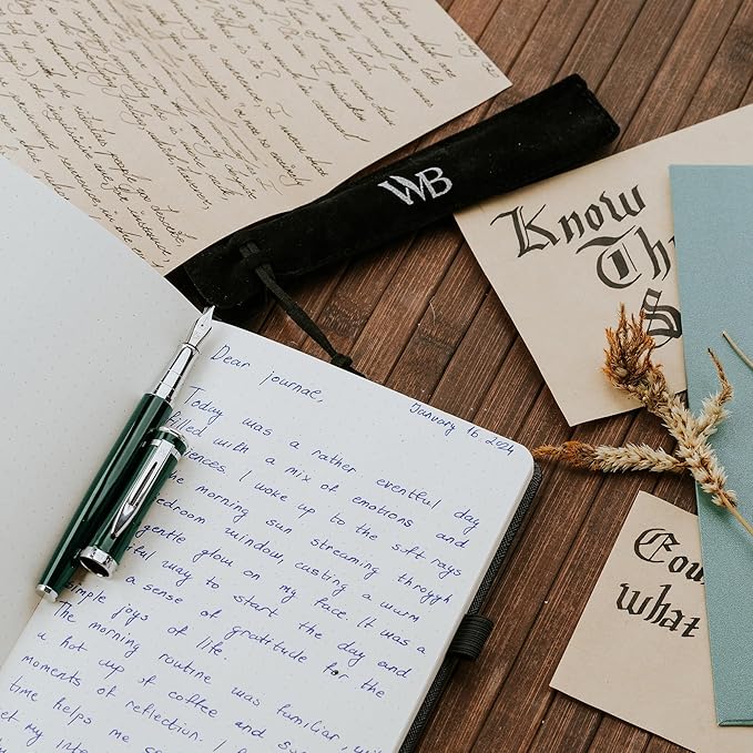 Wordsworth & Black Fountain Pen Set, Medium Nib, Includes 24 Pack Ink Cartridges, Ink Refill Converter & Gift Pouch, Chrome Finish, Calligraphy, [Racing Green], Perfect for Men & Women