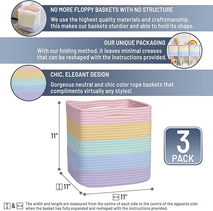 NaturalCozy Storage Cubes 11 Inch Cotton Rope Woven Baskets for Organizing, 3-Pack | Cube Storage Bin | Square Storage Baskets for Shelves Organizer, Classroom, Kids Toy Bins, Closet, Baby Nursery