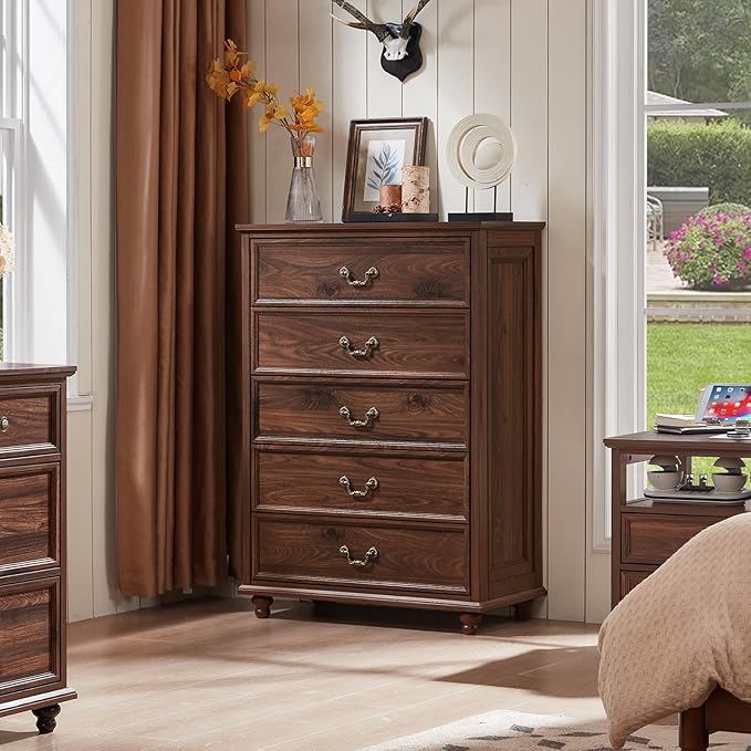 Farmhouse 5 Drawer Dresser for Bedroom, 45" Tall Rustic Chests of Drawers w/ 4 Solid Wood Feet, Mid Century Modern Wooden Closet Storage Dressers Organizer for Living Room, Hallway, Brown