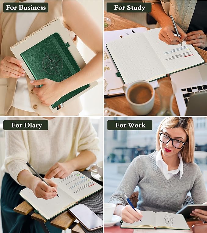 Dotted Journal Notebook for Women Men, 160 Pages Dot Grid Paper,Inner Pocket, A5 Hardcover Vintage Leather Notebooks for School, Work, Travel, Note Taking，Bullet Journaling 5.8"x8.5" (Green)