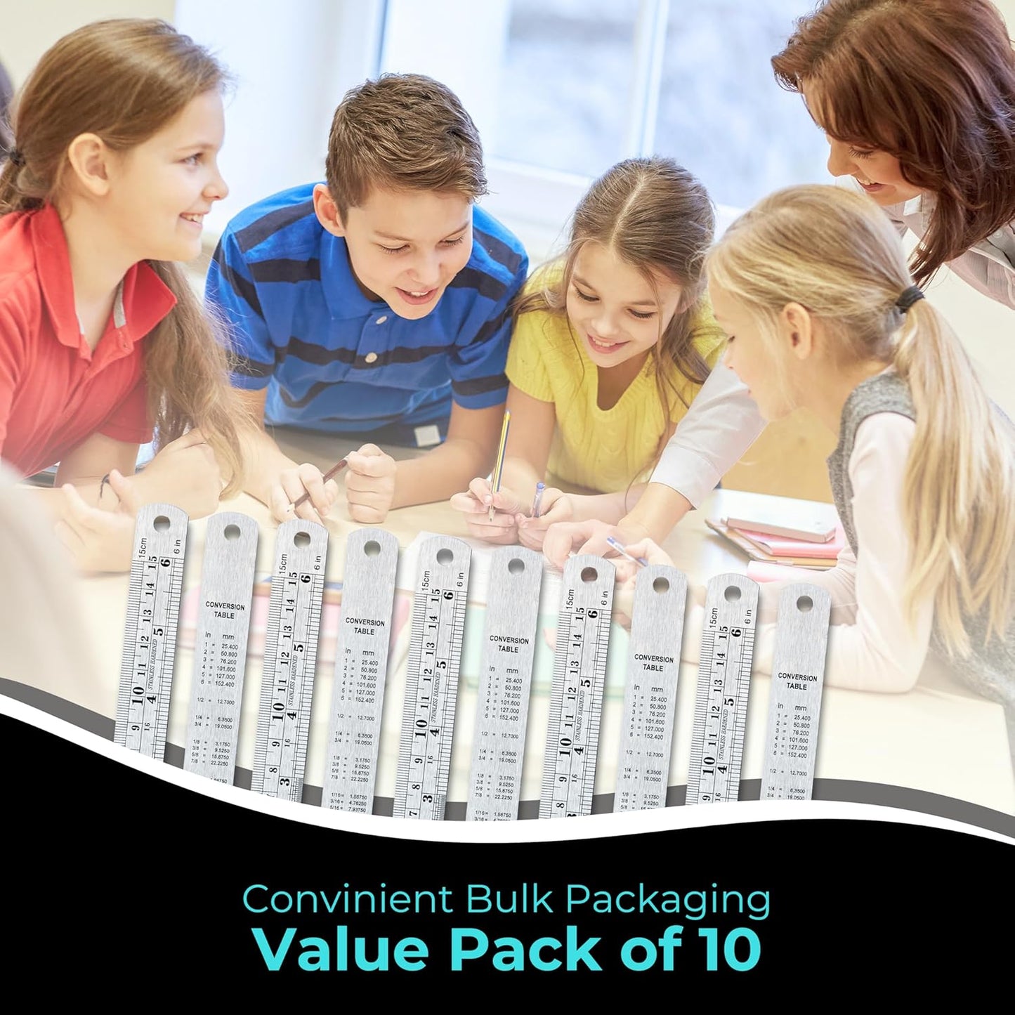 6 Inch Metal Ruler Bulk Set - 10-Pack of Compact 6 Inch / 15cm Stainless Steel Rulers - Precise Edge-Starting Imperial & Metric Measurements - Essential for Classrooms, Workshops, and Offices