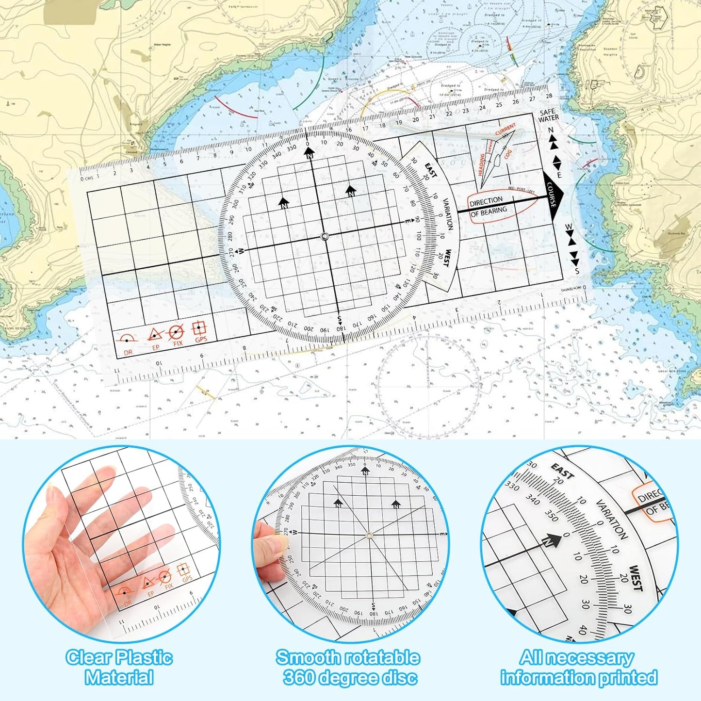 3 Pcs Basic Navigation Set,Including 15inch Parallel Ruler with Brass Arms, Nautical Protractor, and 6 Inch Marine Fixed Points Divider, Marine Accessories with Clear Scales for Boat