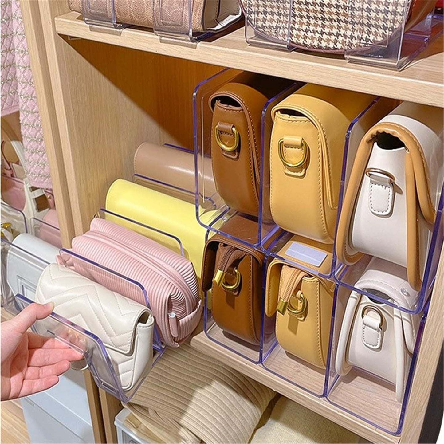 YAGELI Clear Acrylic Desk File Sorter Purse/Handbag Organizer Clutch Divider Mesh Folder Office Supplies Stand Bookshelf (3 Sections) (2Pack-4Sections)