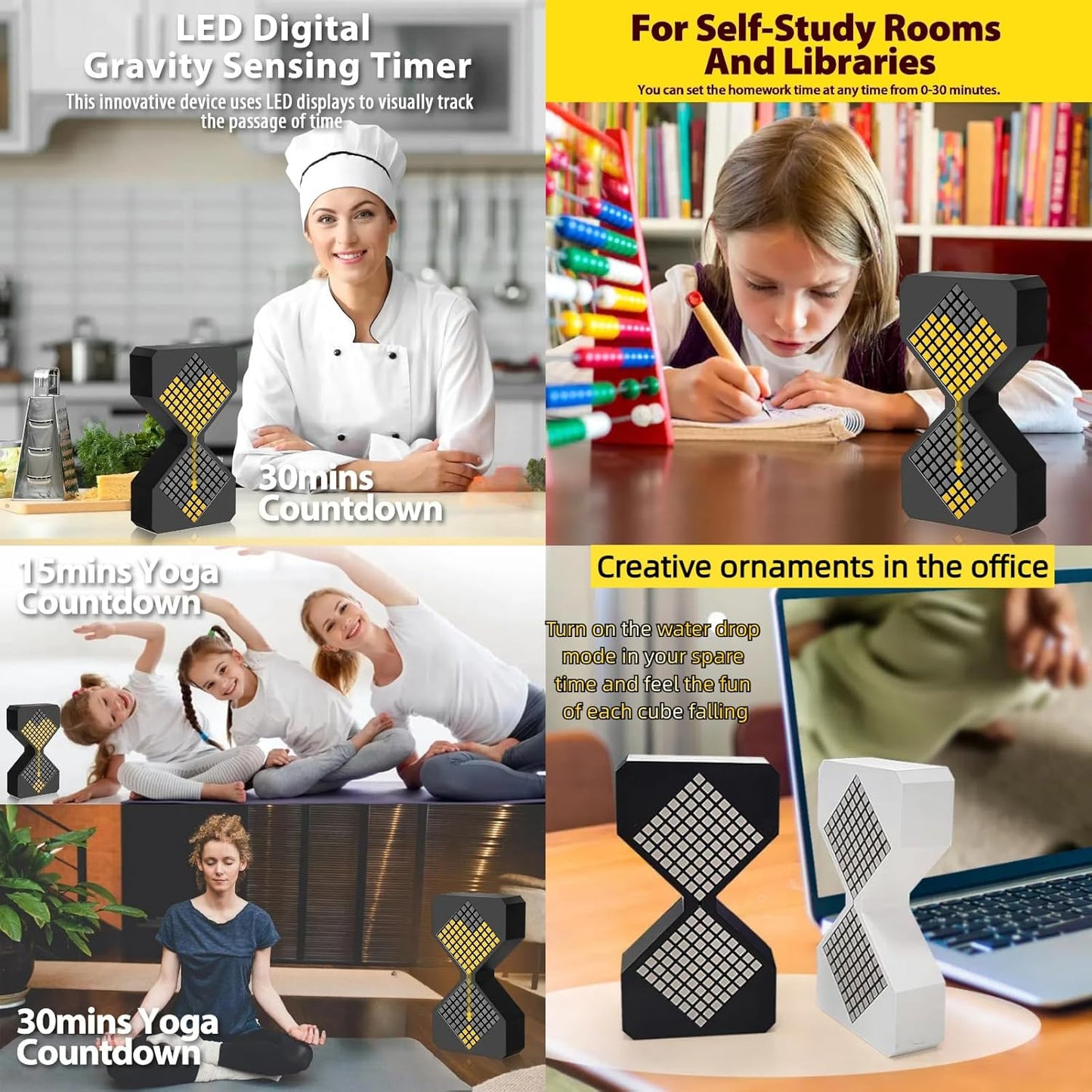 Digital Hourglass 1-30 Minute Freely Adjustable Gravity Timer Dynamic Flow Cube Led Night Light Hourglass Timer for Classroom Home Office Cooking (Black, Red Light Source)