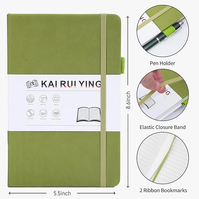 KaiRuiYing Lined Journal Notebook with Pen Holder, 160 Pages, 5.5'' × 8.6'' Medium Size A5-100 GSM Thick Paper, for Writing, Work, Office, Leather Hardcover