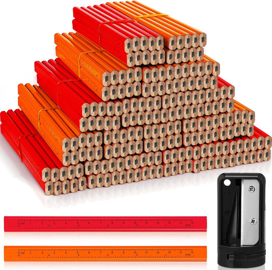 Honoson 200 Pcs Flat Construction Pencils with Printed Ruler Wood Graphite 2 Pcs Carpenter Pencil Sharpener for Woodworking Marking Tool (Orange and Red)
