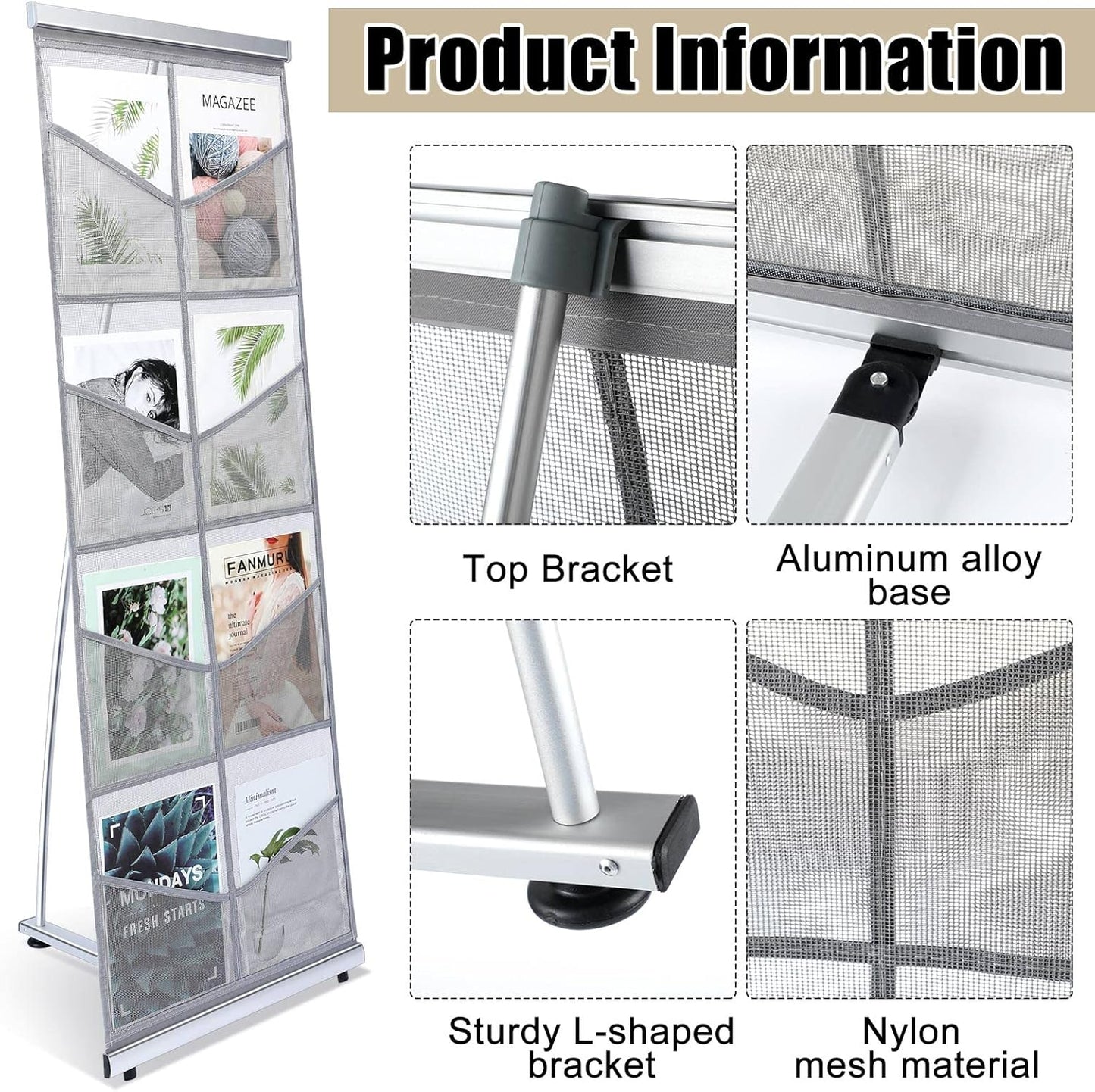 Outus Mesh Literature Brochure Holder with 8 Pocket Portable Magazine Display Roll Up Magazine Rack Lightweight Floor Standing Catalog Office Brochure Display Stand for Business Trade Shows