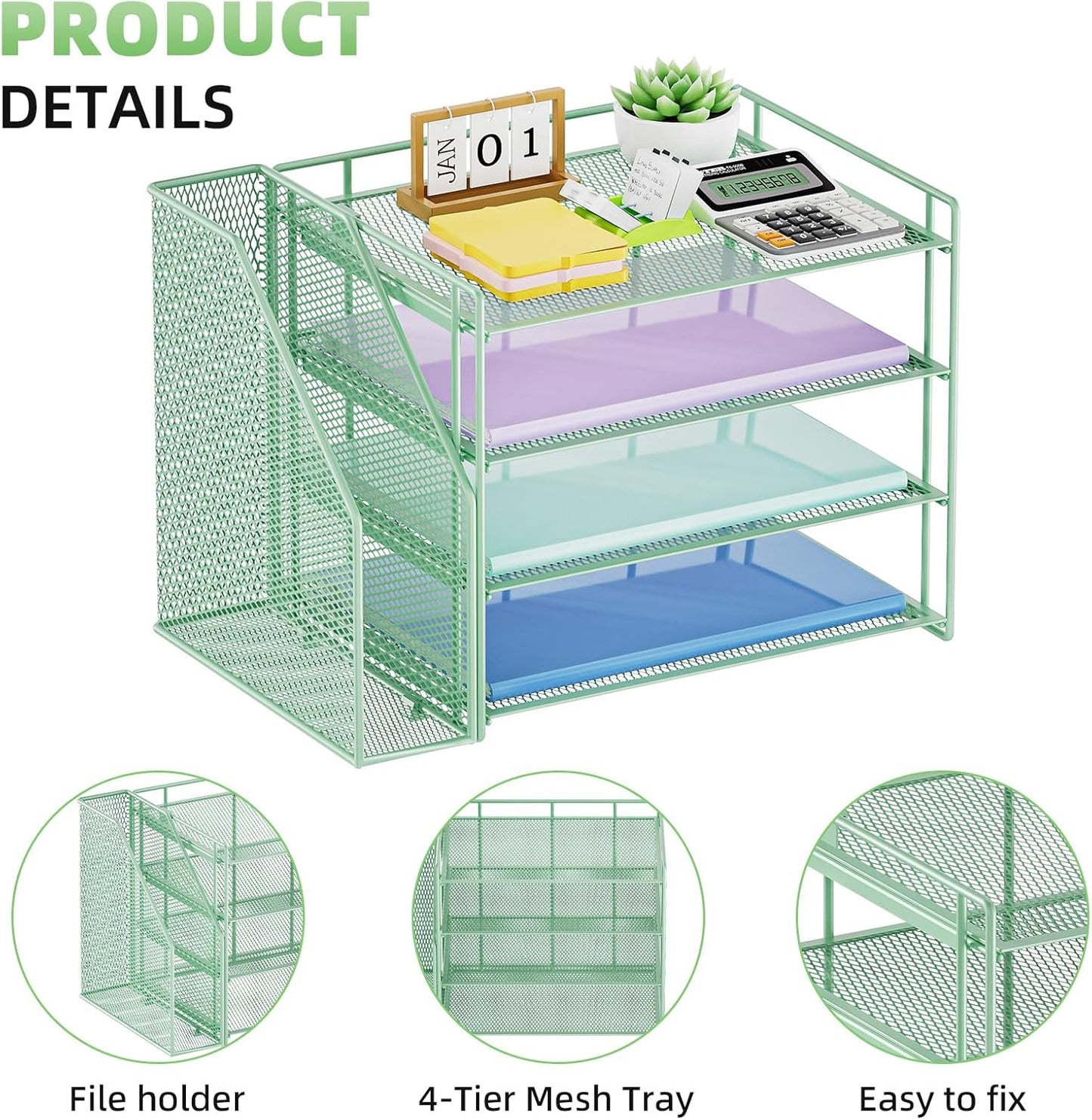 Marbrasse Desk Organizer and Accessories，4-Tier Paper Letter Tray Organizer with File Holder，Desk Accessories & Workspace Desktop Organizers for School Home Office Supplies (Green)