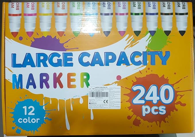 Washable Markers Bulk, 240 Count, 12 Assorted Colors, Markers for Classroom, Broad Line Conical Tip, Large Capacity, School Art Supplies for Kids