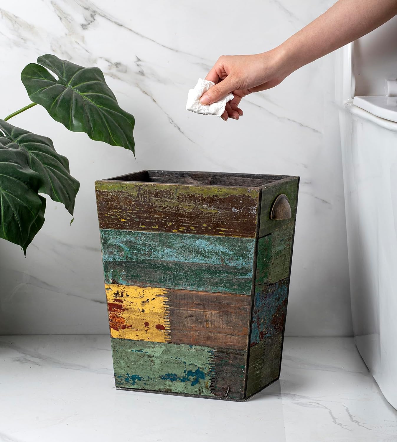 TIMRIS Small Wood Trash Can Wastebasket, Farmhouse Rectangular Garbage Can Waste Basket, Rustic Distressed Boho Wooden Trash Recycling Bin with Metal Handles, Reclaimed Wood Storage Basket (Random)