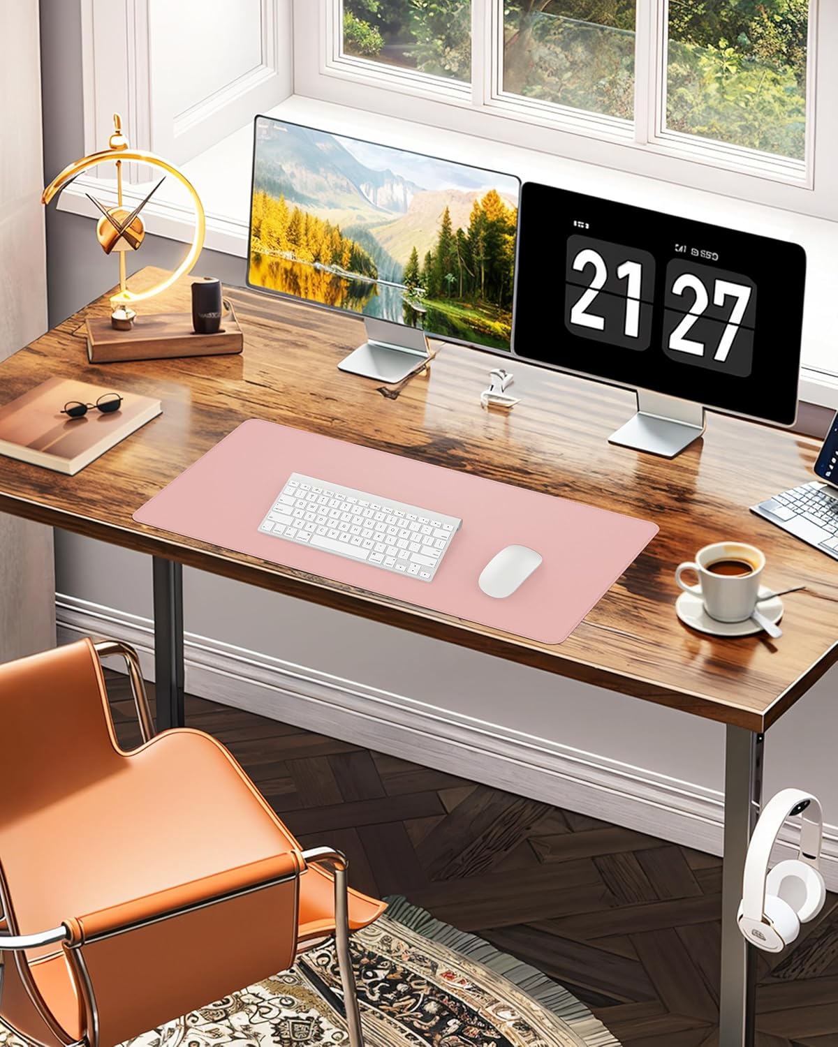 Large Desk Pad Mat - Waterproof Mouse Pad & Desk Protector, Non-Slip XL PU Leather Gaming Mat for Keyboard/Mouse, Stitched Edge with Ergonomic Support, 47"x17" (Pink)