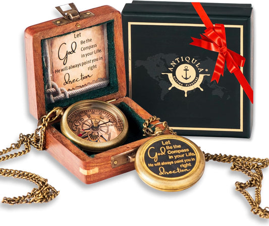 Brass Compass with Wooden Box - Graduation Gifts, Pirate Accessories & Baptism Gift For Boys, Steampunk Travel Decor Compasses For Missionary, Inspirational and Sentimental Compass
