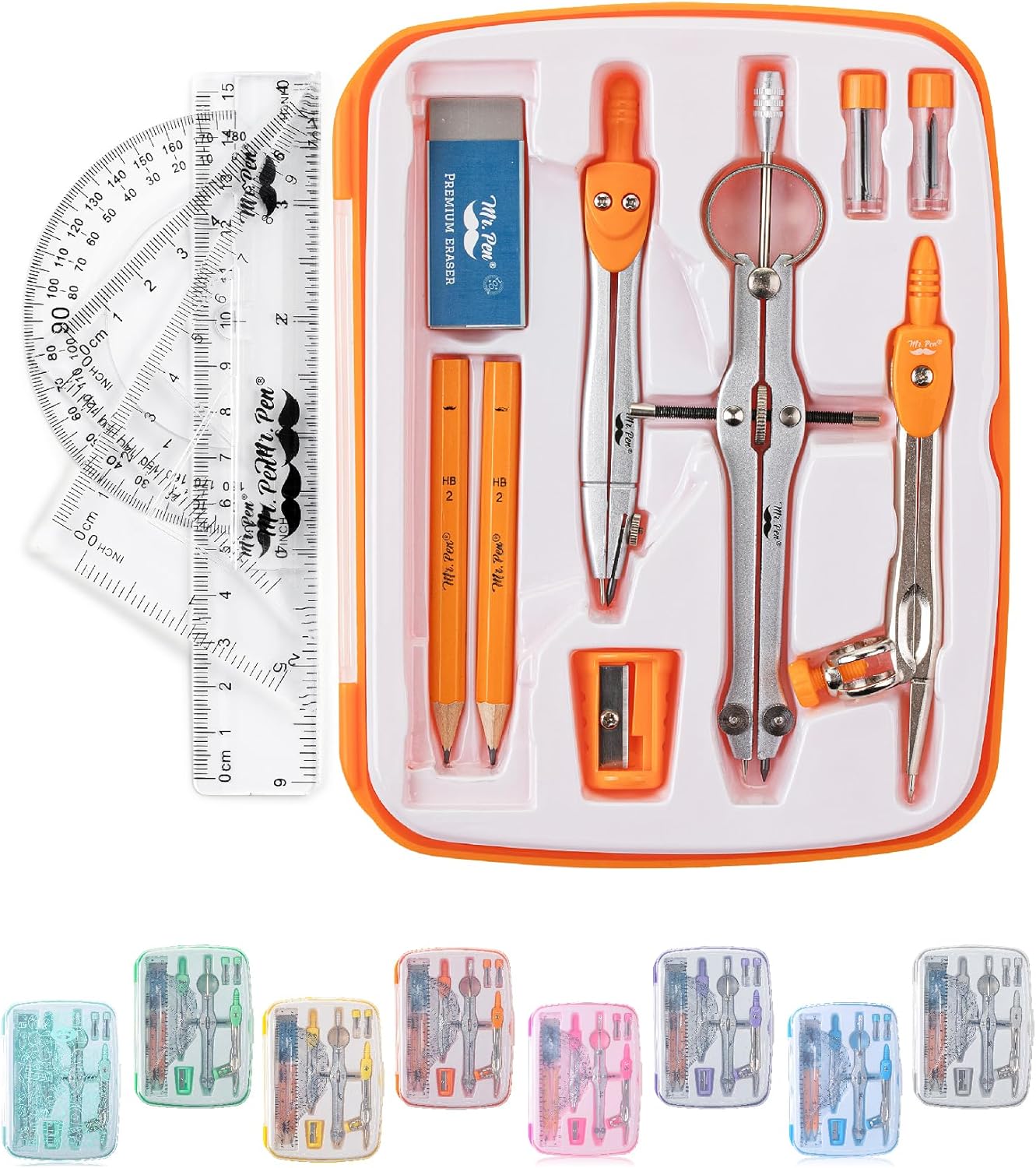 Mr. Pen- Geometry Set, 13 pcs, Compass for Geometry Compass, Geometry Kit Set with Shatterproof Storage Box, Math Compass, Geometry Set for School, Compass Math, Protractor and Compass Set, Orange