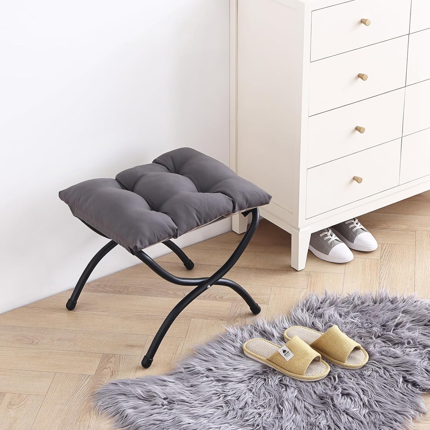 LITA Folding Upholstered Footrest Stool, Modern Small Portable Accent Ottoman with Detachable Thick Cotton Cushion Padded Sofa Stool with Metal Frame for Lazy Chair, Living Room & Bedroom, Dark Grey
