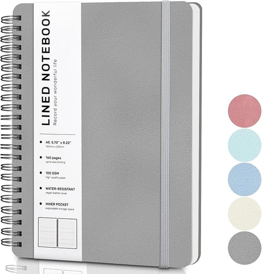 Lined Spiral Journal Notebook, A5 Hardcover Leather Notebook for Work, 5.7''×8.2'', 100GSM Thick Paper Spiral Bound Journaling Notebook for Women Men Office School Note Taking Business, Morandi black