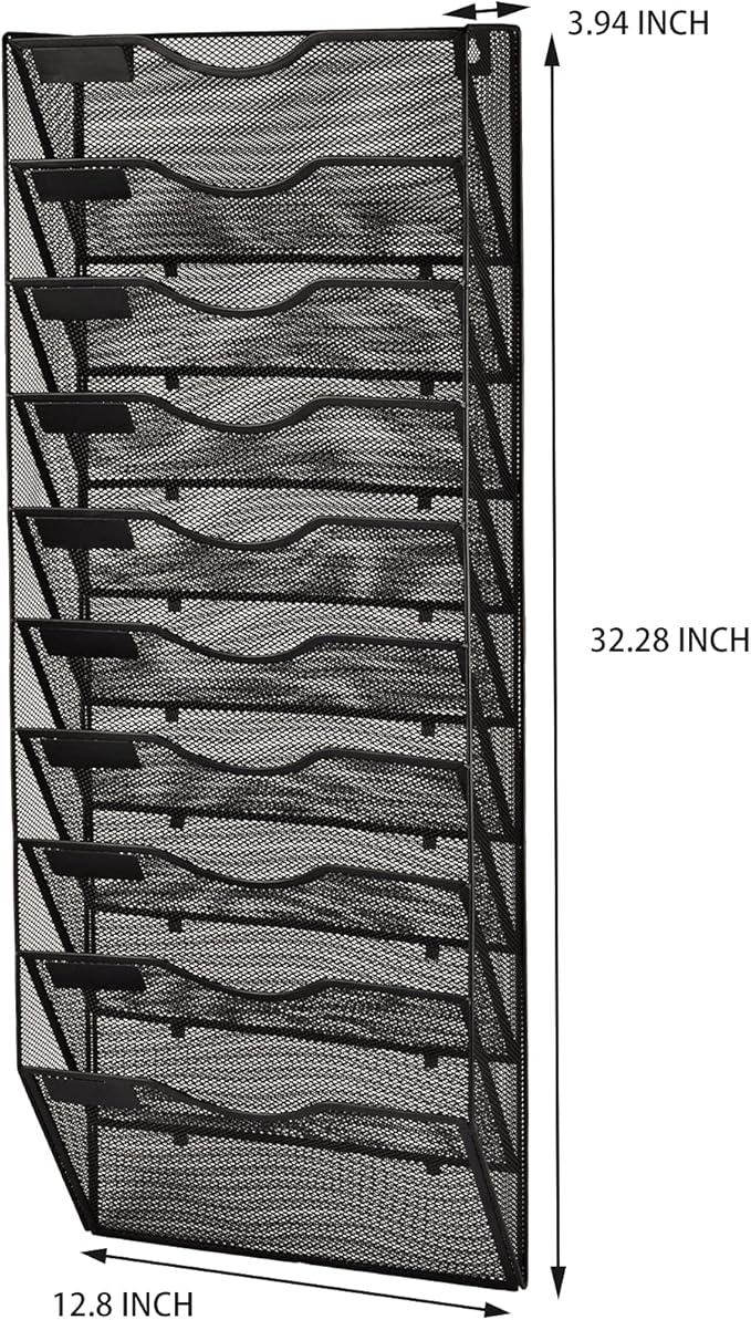 EASEPRES 10 Pocket Mesh Hanging Wall File Organizer, Wall Mounted Mail Paper Document Folder Holder, Clipboard Storage Organization Magazine Rack with Nametag Label for Office Home School, Black