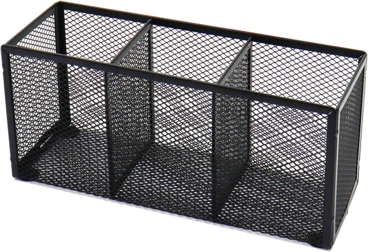 Black Mesh Pen Pencil Holder, Small Metal Desk Organizer Desktop Stationery Office Supplies Acessories Storage Stand, 3 Compartments Brushes Holder for Home School Classroom Teachers