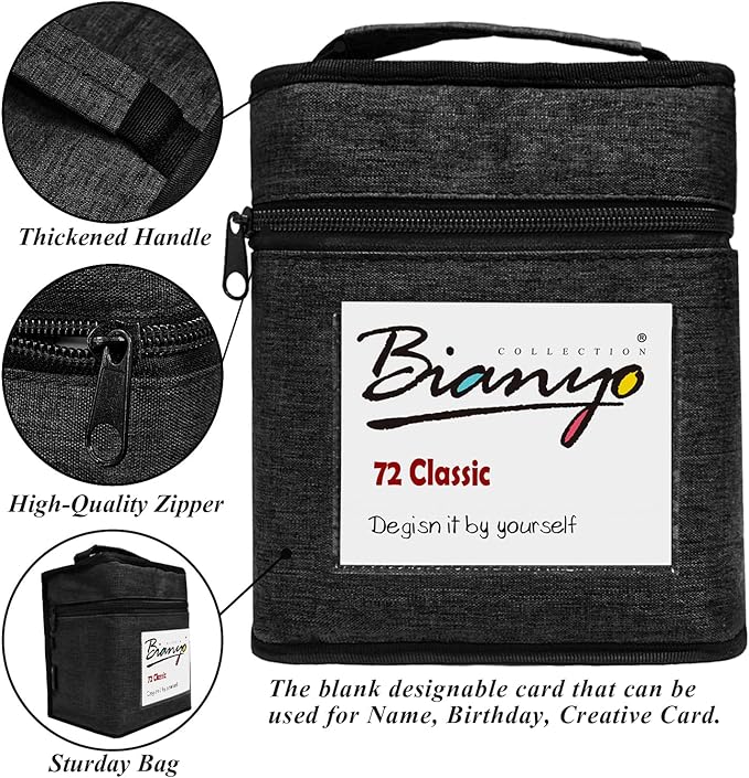 Bianyo 72 Colors Alcohol Markers Set, Dual Tip Art Markers with Bullet & Chisel Tips, Black Case with Customizable Card – Ideal for Coloring, Drawing, and Sketching as Thanksgiving & Christmas Gifts