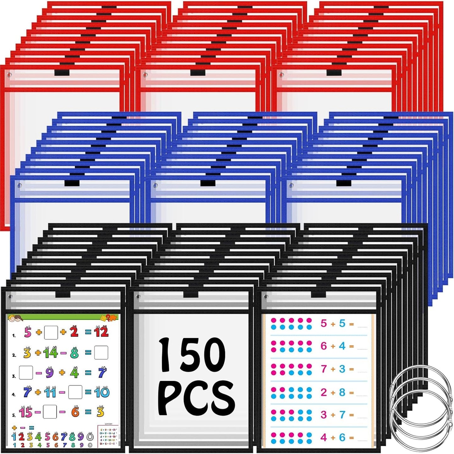 Teling 150 Pcs Dry Erase Pockets Bulk Reusable Job Ticket Holders Clear Plastic Sleeve Protector Work Order Sleeve Shop Ticket Holder for Welcome Teacher Back Office Supplies(10 x 14'',Black Blue Red)