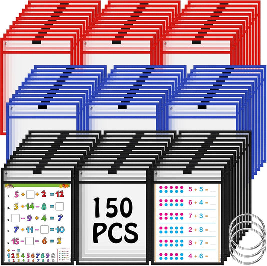 Teling 150 Pcs Dry Erase Pockets Bulk Reusable Job Ticket Holders Clear Plastic Sleeve Protector Work Order Sleeve Shop Ticket Holder for Welcome Teacher Back Office Supplies(10 x 14'',Black Blue Red)