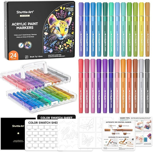 Automatic Ink Control Acrylic Paint Markers, Shuttle Art 24 Metallic Colors Brush Tip Acrylic Paint Pens for Rock Painting, Ceramic, Wood, Canvas, Glass, Stone, Fabric, Card Making, DIY & Art Supplies