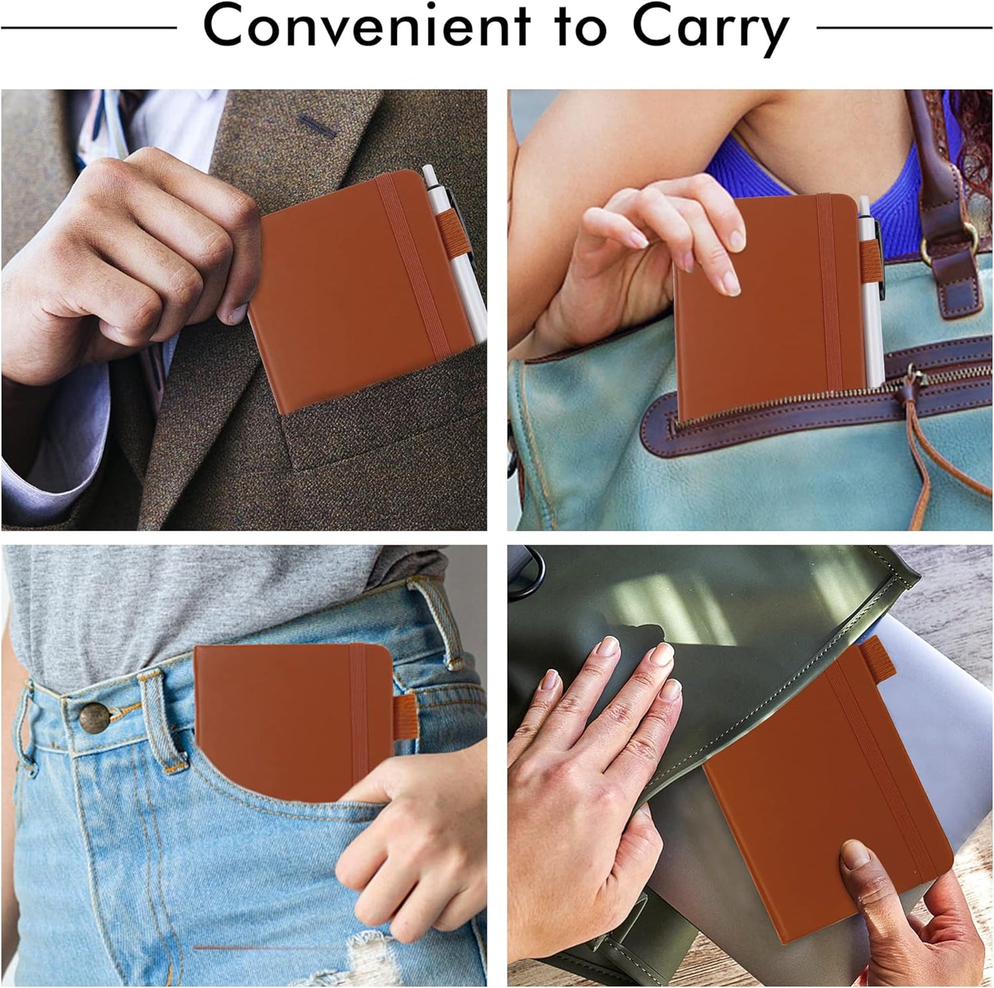 feela 15 Pack Pocket Small Notebooks Bulk, Mini Cute Notepads Hardcover College Ruled Lined Journals with Pen Holder for School Business Memos, with 15 Black Pens, 3.5”x 5.5”, A6, Brown