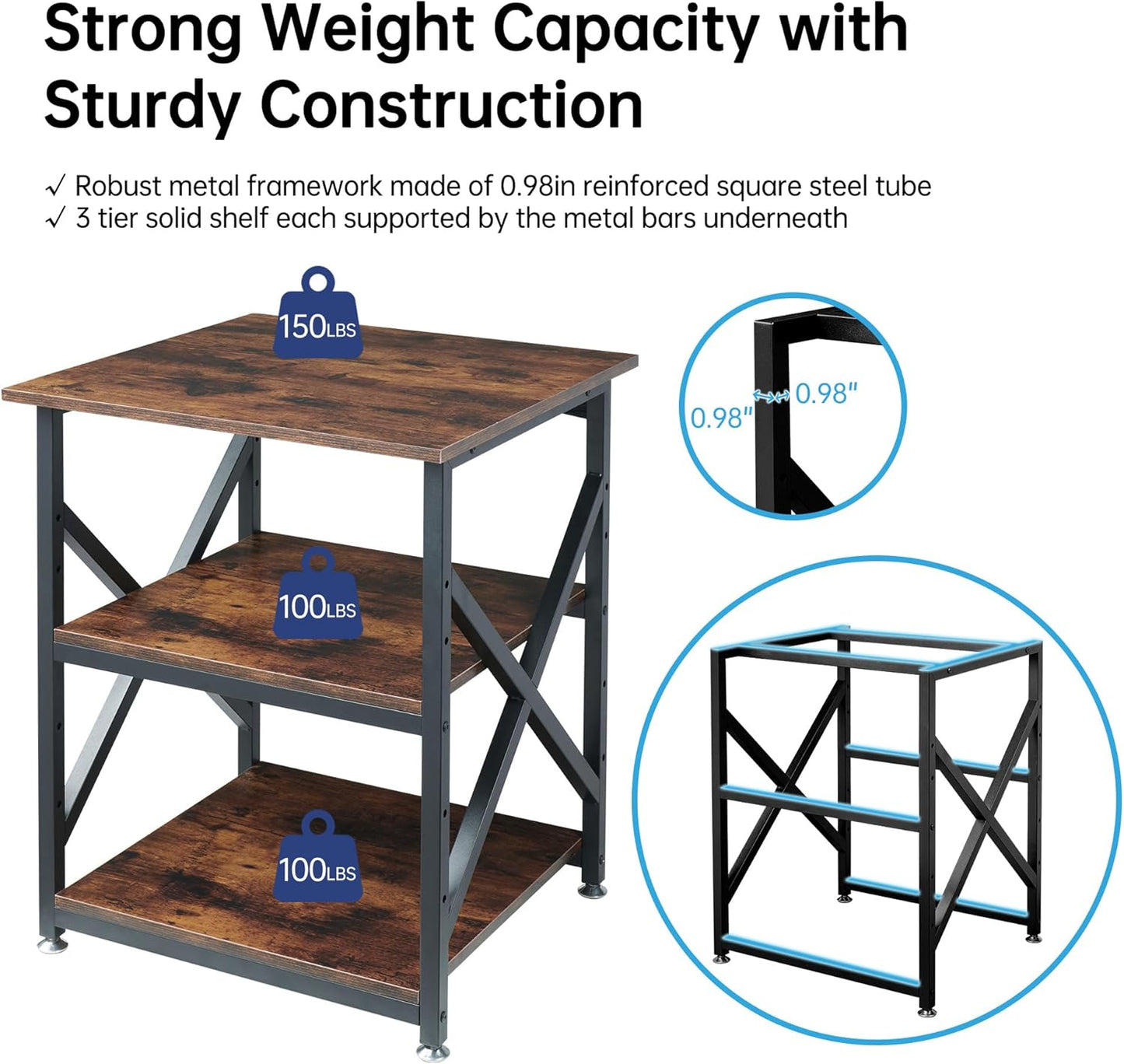 23.6 x 23.6 Inches Large Printer Stand, 3 Tier Square Printer Table with Height Adjustable Storage Shelf, Rolling Printer Cart with Industrial Wheels for Home Office - Rustic Brown