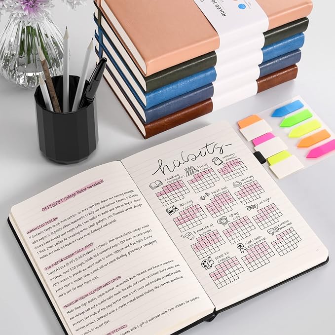 Lined Journal Notebook, Large A5 College Ruled Notebook, 312 Numbered Pages Work Notebook with Index Stickers, 100gsm Thick Paper, Hardcover Vegan Leather Journal for Women Men School Office, Blue