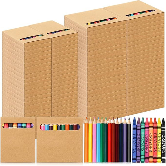100 Sets Bulk Back to School Supplies, Colored Pencils Pre-Sharpened and Crayons Holiday Bundle in Box Mini Pencils Crayons Bulk Classroom Teacher Supplies, Cute Back to School Gifts