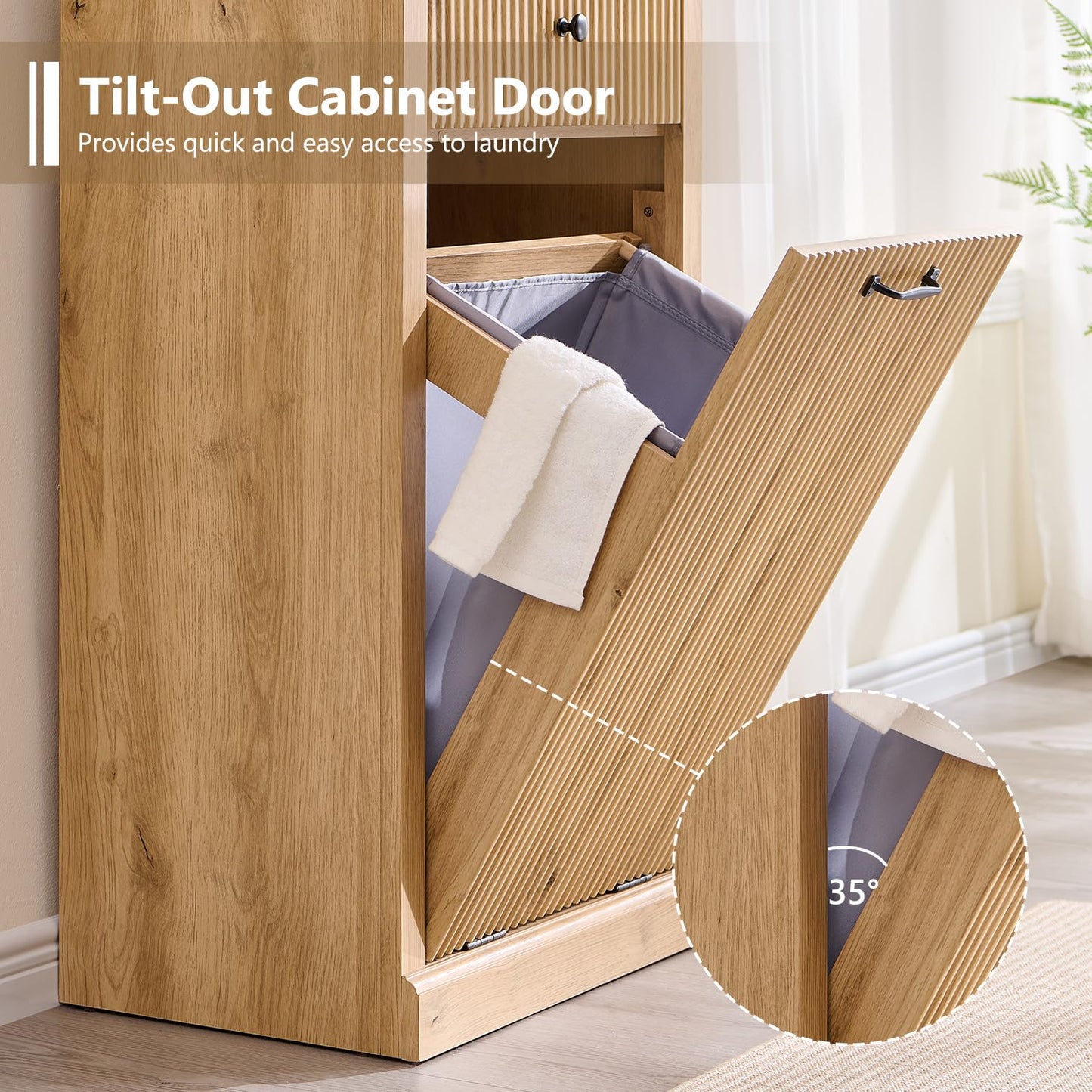 Modern Tilt-Out Trash Can Cabinet, 10 Gallon Fluted Laundry Hamper Cabinet with Drawers, Wooden Hidden Garbage Can Cabinet w/Storage Basket, Free Standing for Kitchen & Living Room,Natural Oak