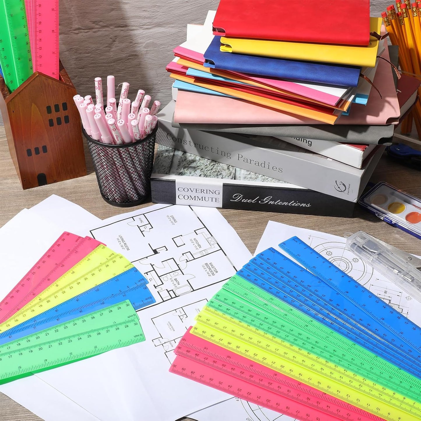 Zonon 50 Pcs 6 Inch/12 Inch Plastic Rulers Bulk Flexible Straight Rulers with Inches Centimeters First Day of School Gift Students Back to School Office Home Supplies(Colorful,12 Inch)